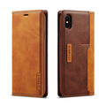 Retro brown leather and PU flip wallet case for iPhone, shown open with cards stored inside.