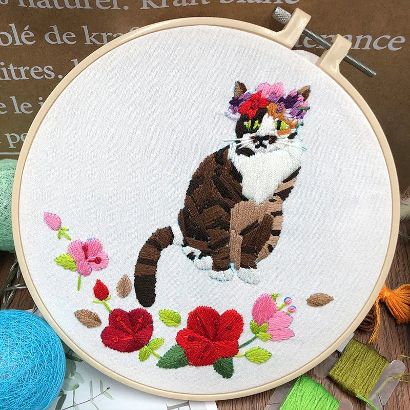 Three-dimensional European embroidery kit with cat designs on cotton linen fabric