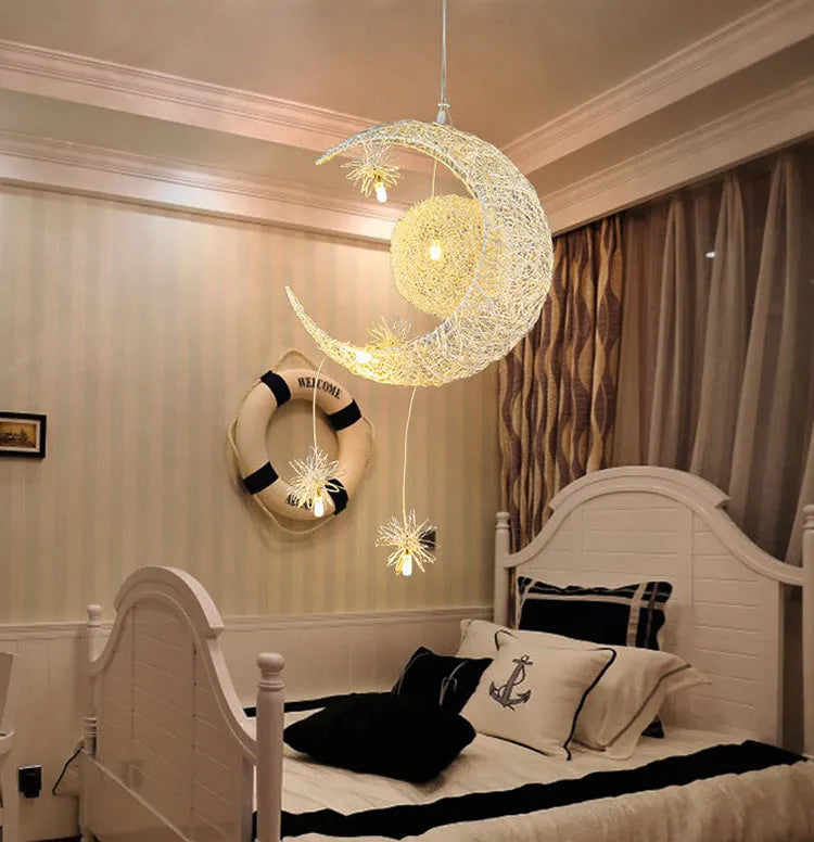 Aluminum wire star moon chandelier with iron body, 250mm diameter, LED warm white light, for restaurant or bedroom