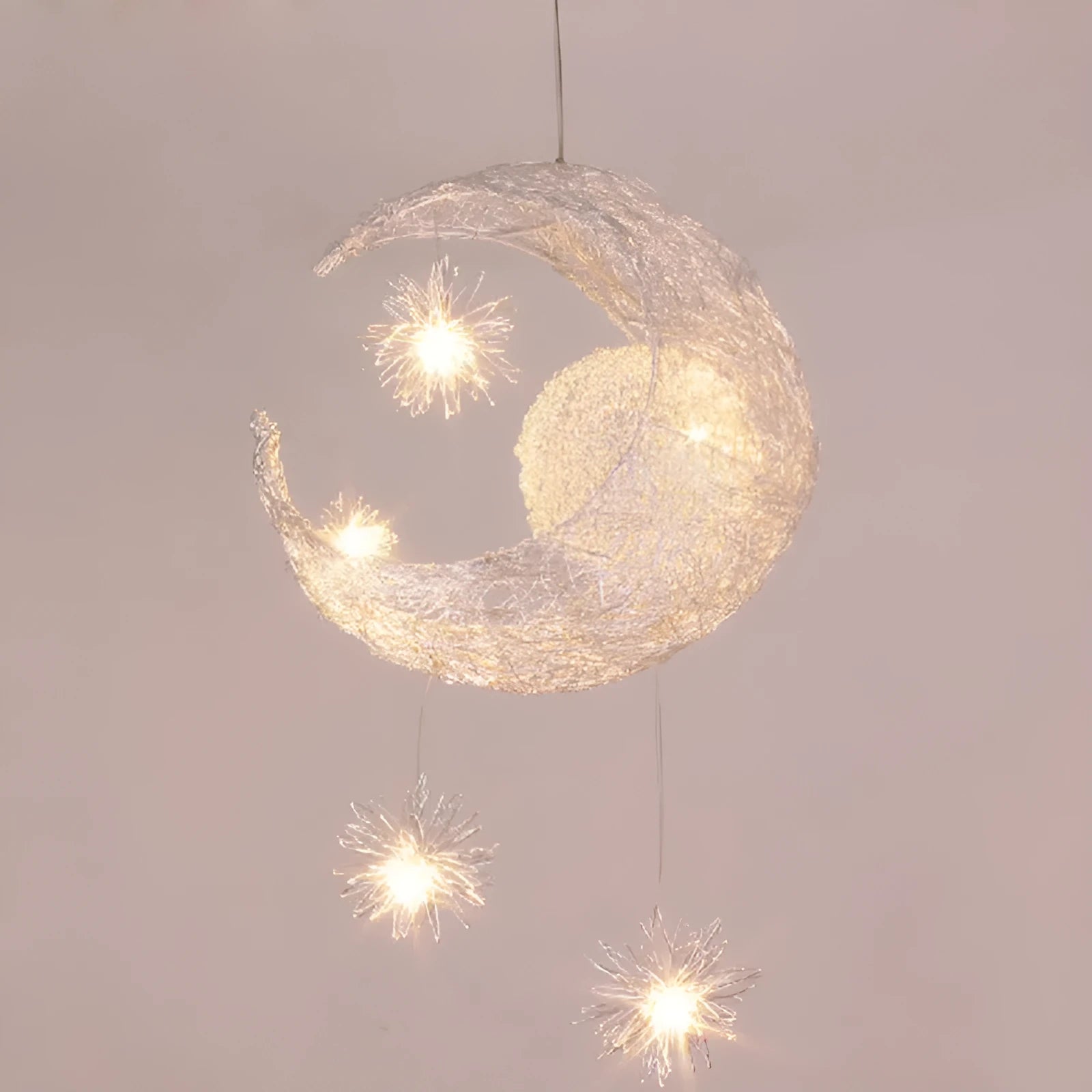 Aluminum wire star moon chandelier with iron body, 250mm diameter, LED warm white light, for restaurant or bedroom