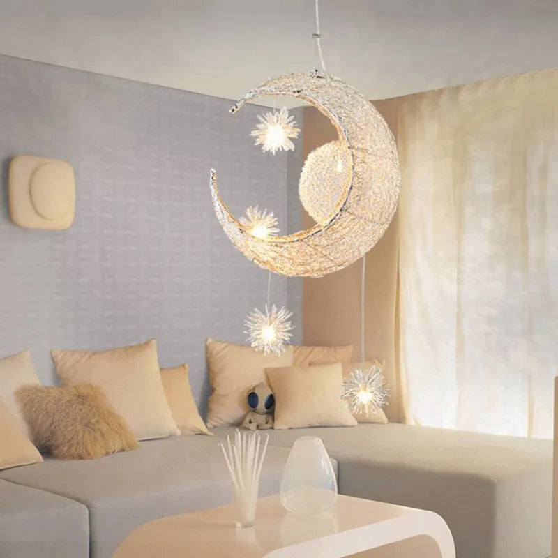 Aluminum wire star moon chandelier with iron body, 250mm diameter, LED warm white light, for restaurant or bedroom