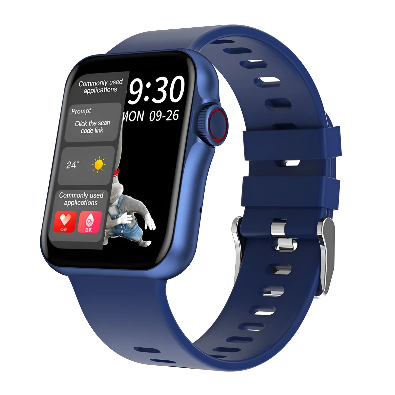Colour screen smart watch with black liquid silicone strap showing split-screen display