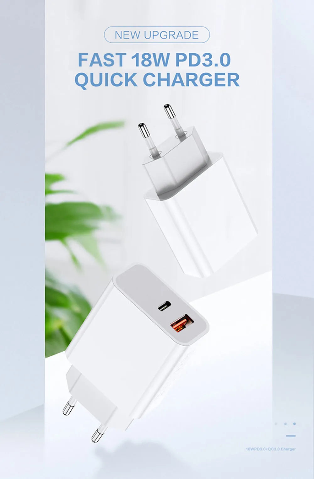 FDGAO 18W fast charging plug PD USB Type-C dual port charger for iPhone 12 white colour