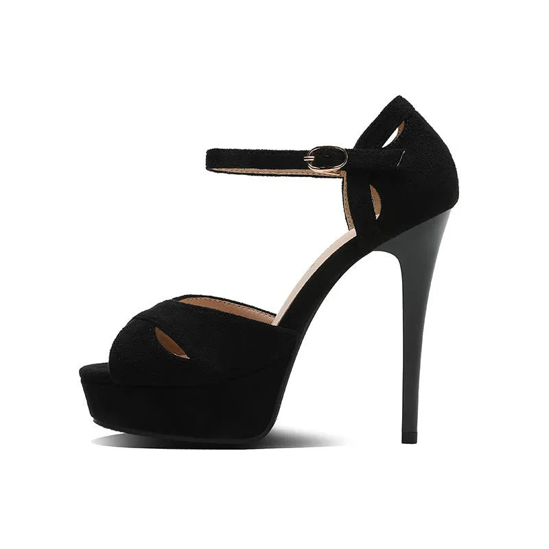 Black stiletto platform sandals with fish mouth toe and roman style design