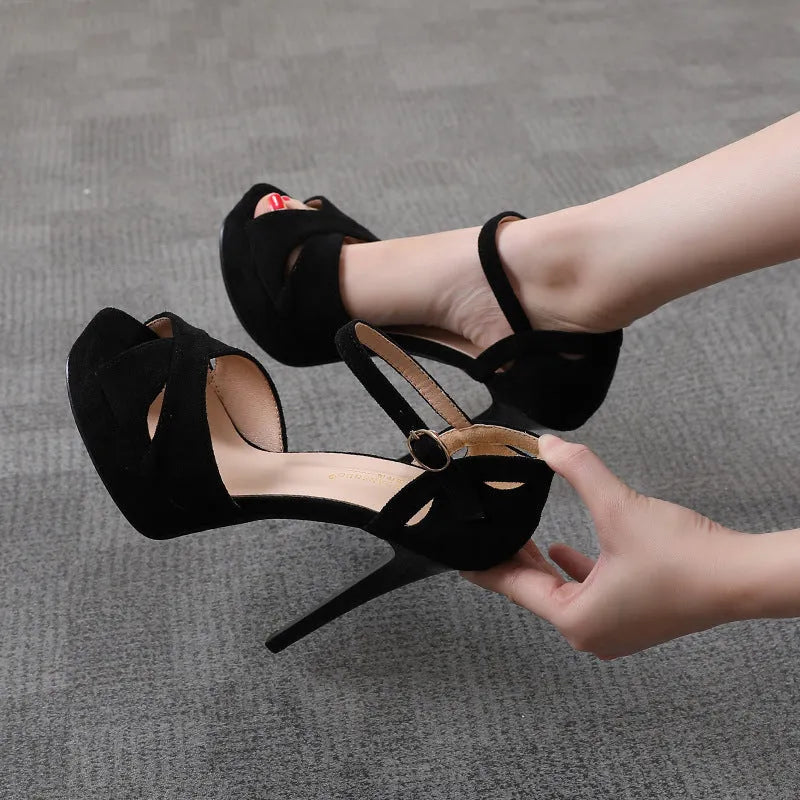 Black stiletto platform sandals with fish mouth toe and roman style design