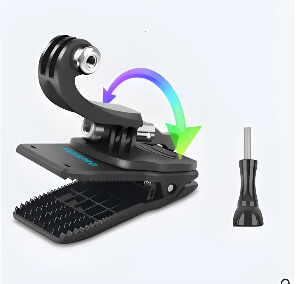 360-degree rotating backpack clip for mounting action cameras with ABS plastic and aluminium alloy construction