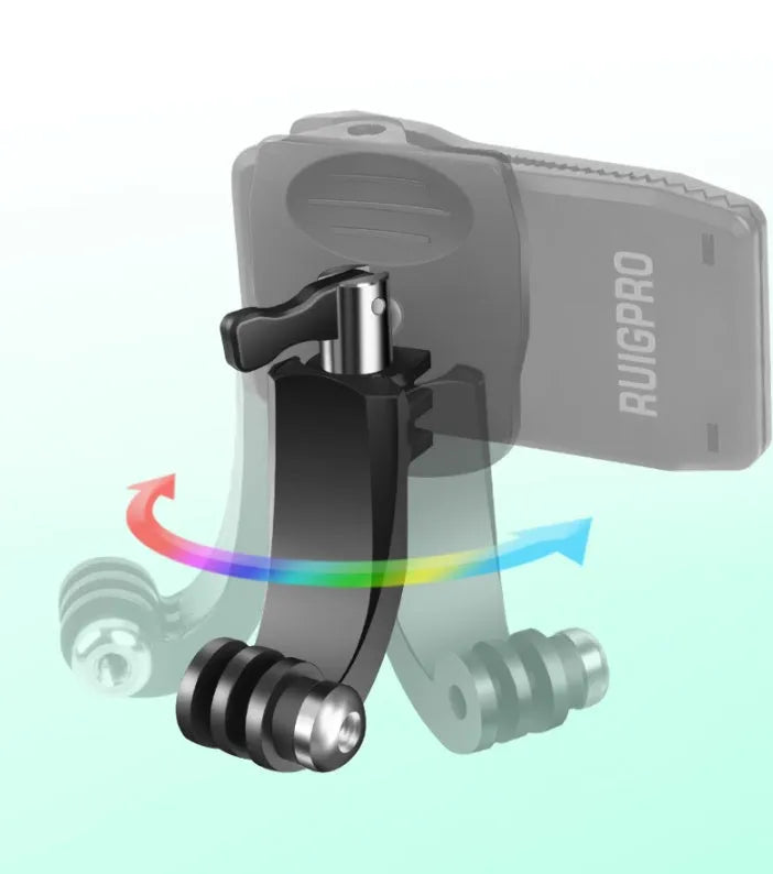 360-degree rotating backpack clip for mounting action cameras with ABS plastic and aluminium alloy construction
