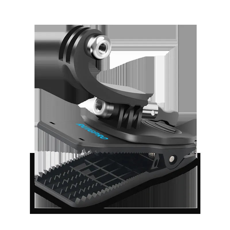 360-degree rotating backpack clip for mounting action cameras with ABS plastic and aluminium alloy construction