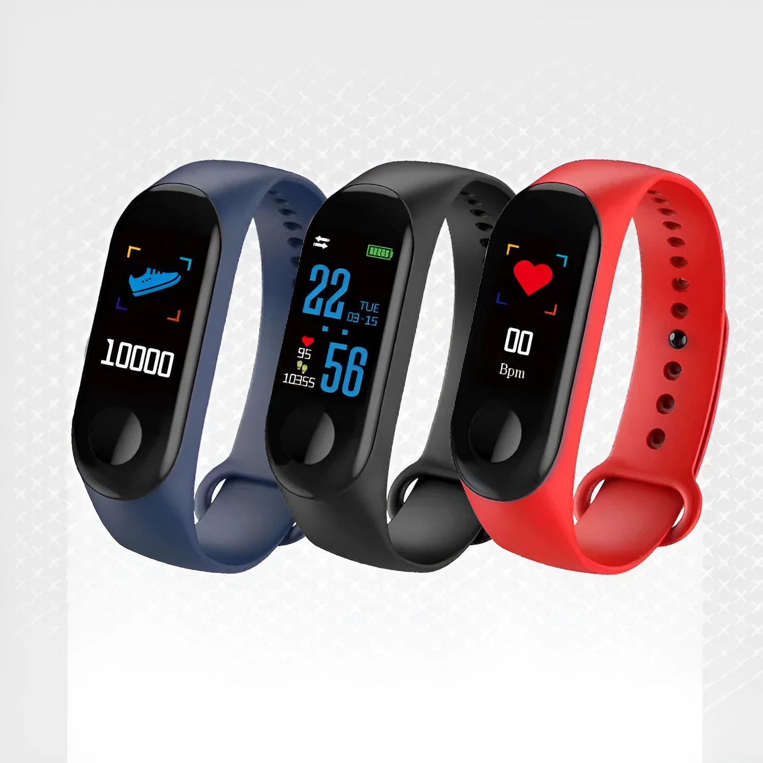 M3 Smart Bracelet with colour screen showing fitness metrics on a black TPE wristband.