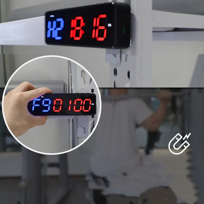 Fitness exercise timer with magnetic suction showing seconds in blue, red, green, or white display