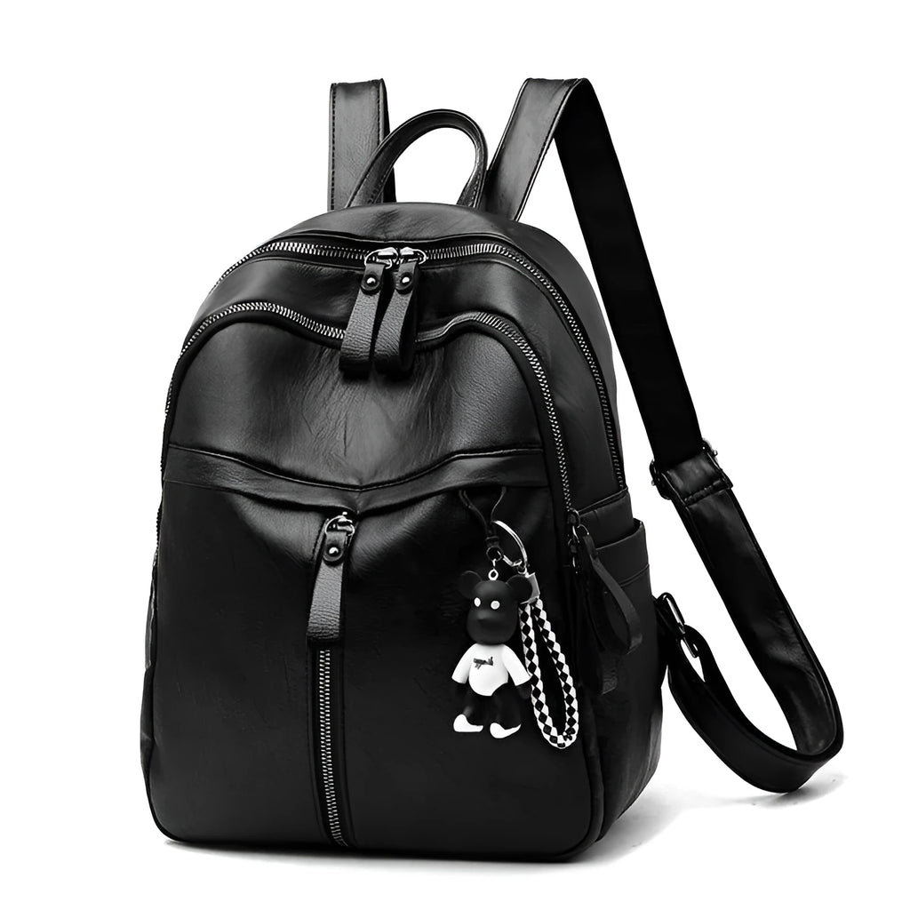 Black PU leather soft surface backpack with double straps showing 20-35L capacity and plain design