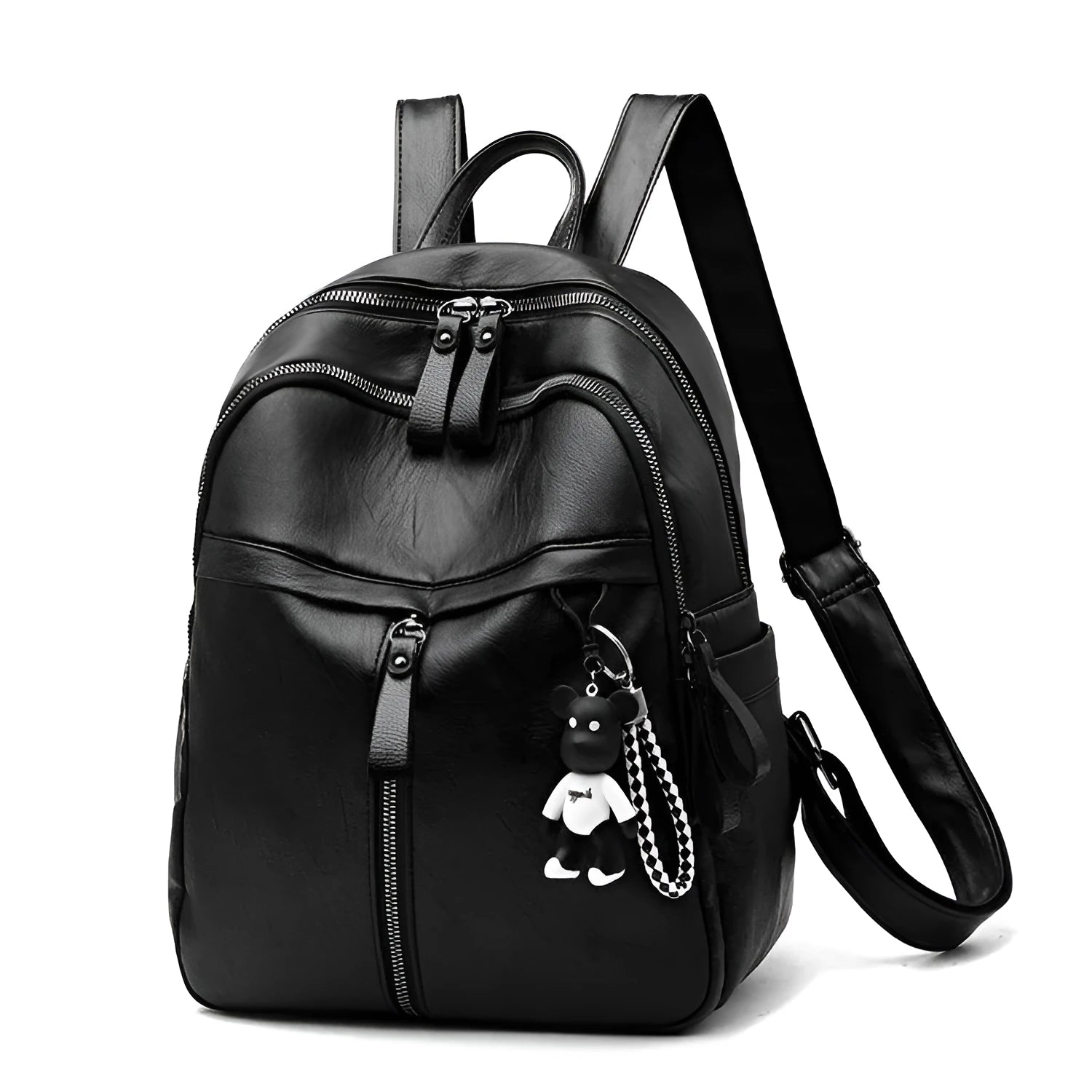Black PU leather soft surface backpack with double straps showing 20-35L capacity and plain design