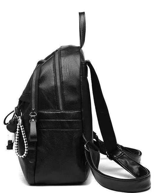 Black PU leather soft surface backpack with double straps showing 20-35L capacity and plain design