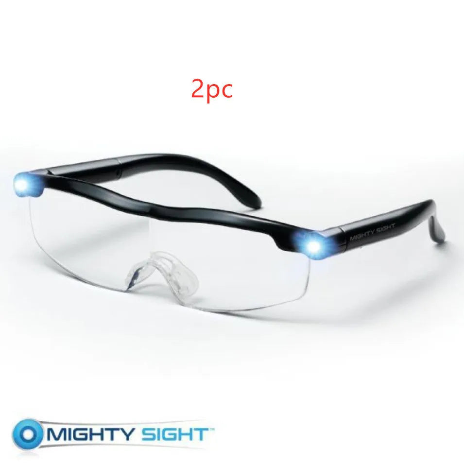 Transparent black USB LED reading glasses with on-frame light.