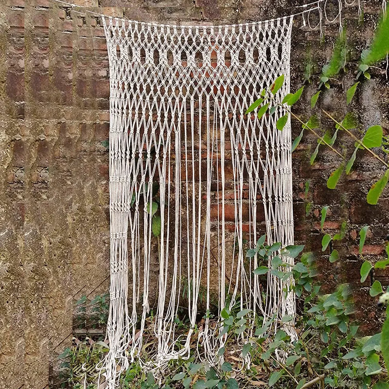 Perforated Nordic woven tassel partition curtain in white for doorway light shading