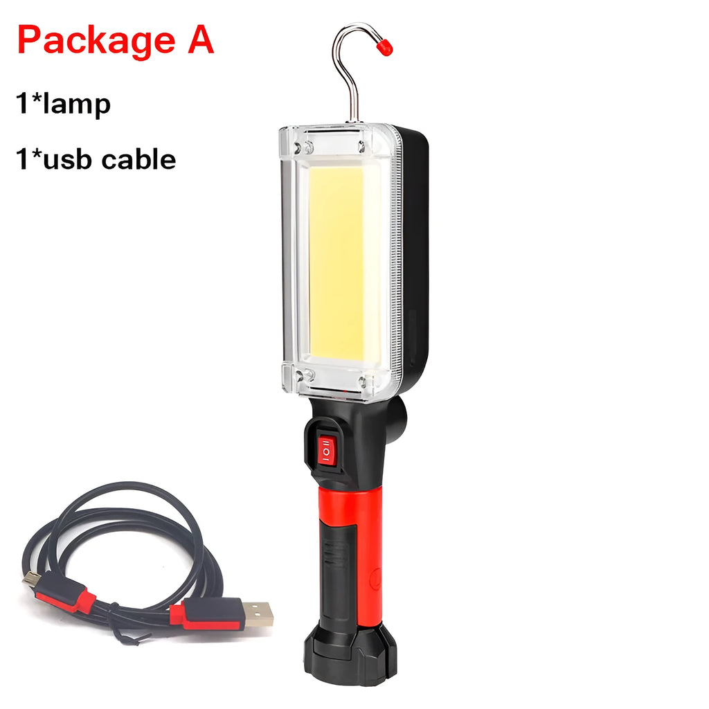 Red COB LED work light with magnet hook and USB cable for camping and car maintenance