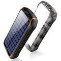 Solar power bank 26800mAh with camping light and solar panel in black colour, front view showing LED light and logo