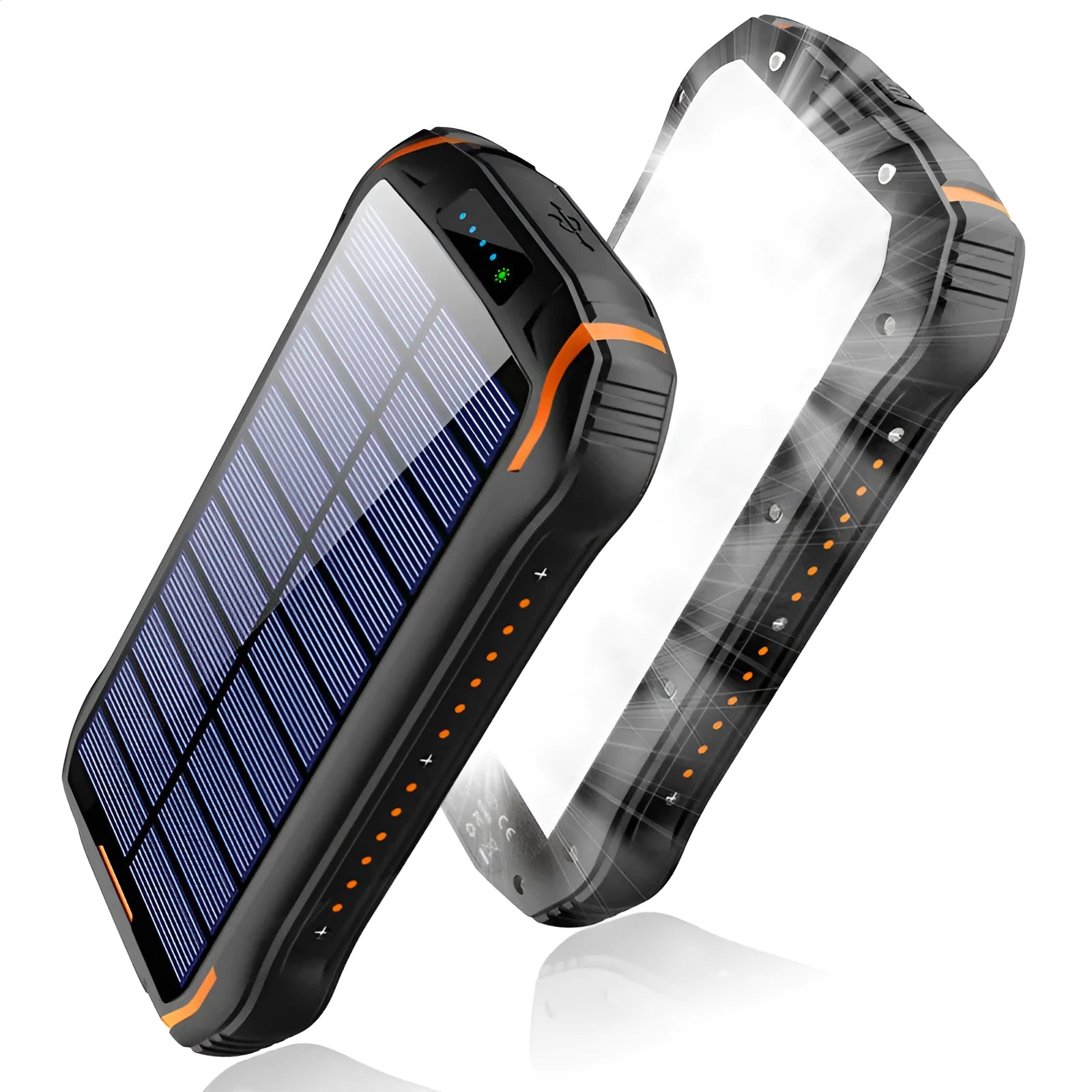 Solar power bank 26800mAh with camping light and solar panel in black colour, front view showing LED light and logo