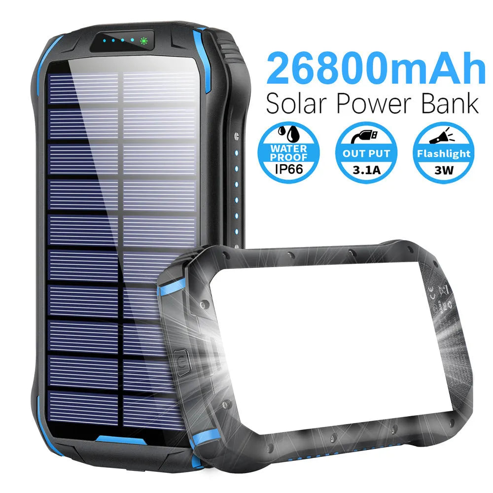 Solar power bank 26800mAh with camping light and solar panel in black colour, front view showing LED light and logo