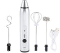 Rechargeable electric milk frother with three rod heads on white background – Black colour option