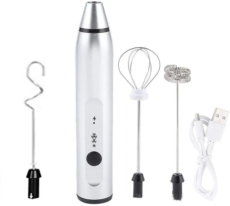 Rechargeable electric milk frother with three rod heads on white background – Black colour option
