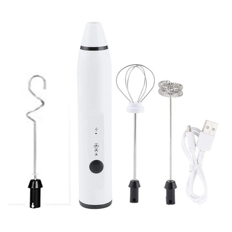 Rechargeable electric milk frother with three rod heads on white background – Black colour option