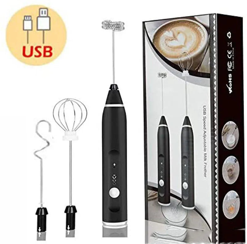 Rechargeable electric milk frother with three rod heads on white background – Black colour option