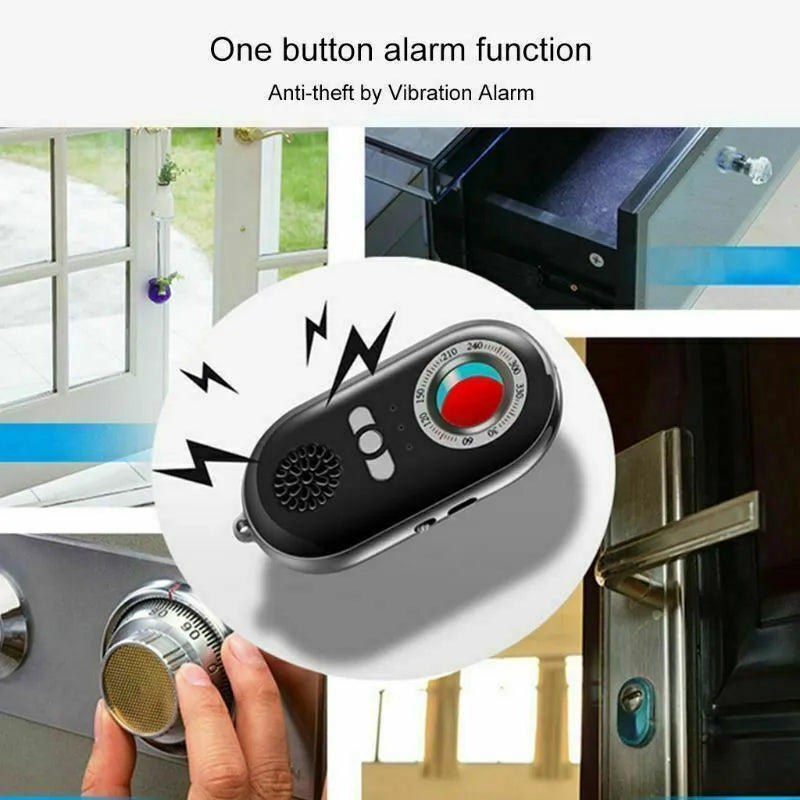 Compact black wireless vibration alarm detector for travel security placed on a door