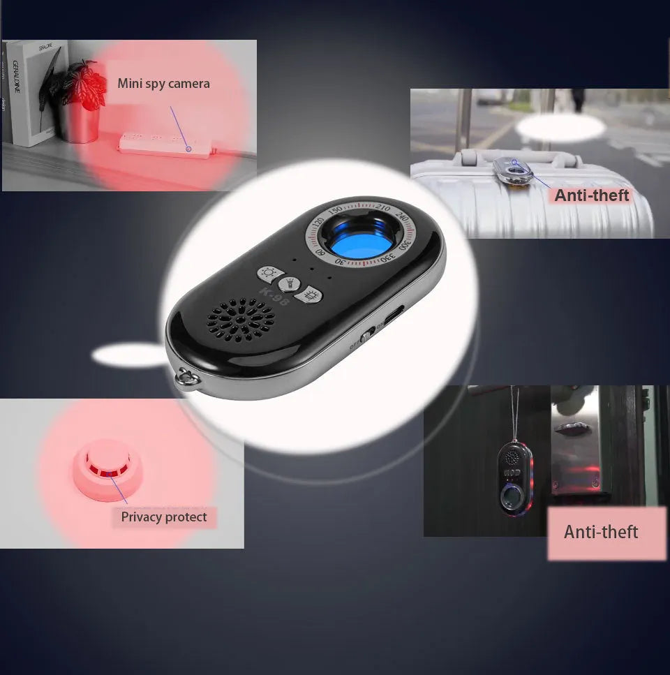 Compact black wireless vibration alarm detector for travel security placed on a door