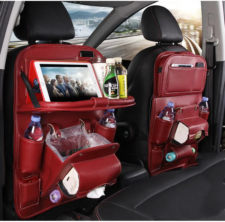PU leather car storage hanging bag attached to car seat back with multiple pockets and built-in tissue box