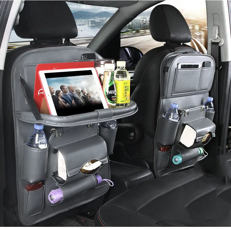 PU leather car storage hanging bag attached to car seat back with multiple pockets and built-in tissue box