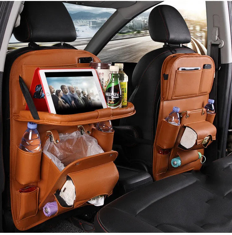 PU leather car storage hanging bag attached to car seat back with multiple pockets and built-in tissue box
