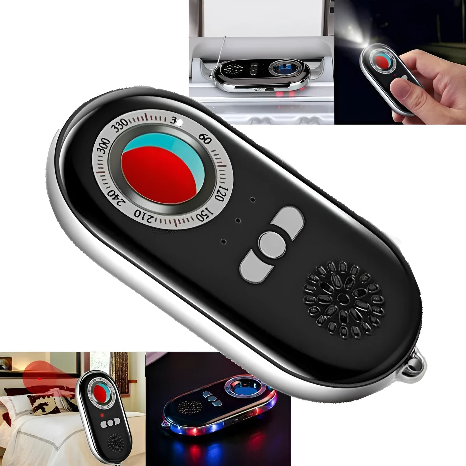 Compact black wireless vibration alarm detector for travel security placed on a door
