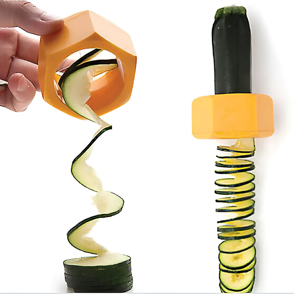 Yellow and green spiral vegetable cutter with 8cm diameter for slicing cucumbers