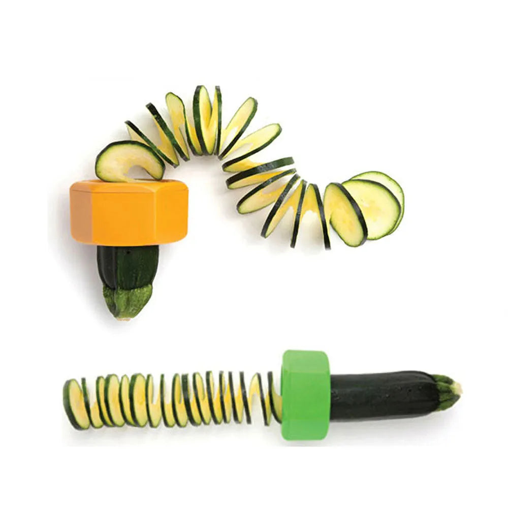 Yellow and green spiral vegetable cutter with 8cm diameter for slicing cucumbers
