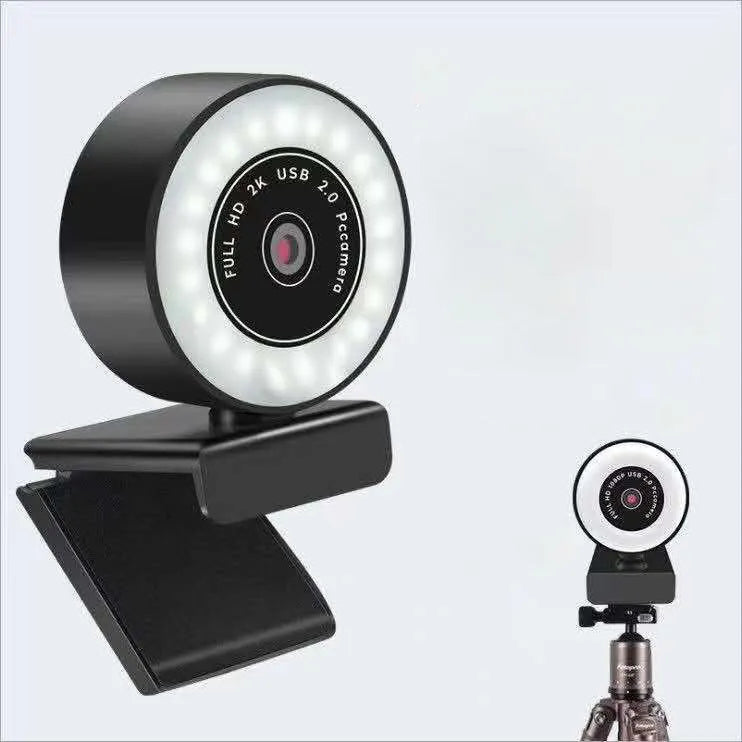 Black high-definition network computer camera with fill light and USB cable for indoor video conferencing