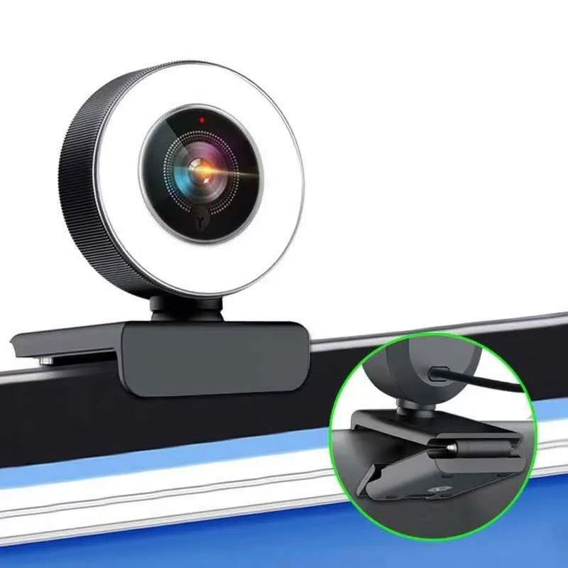 Black high-definition network computer camera with fill light and USB cable for indoor video conferencing