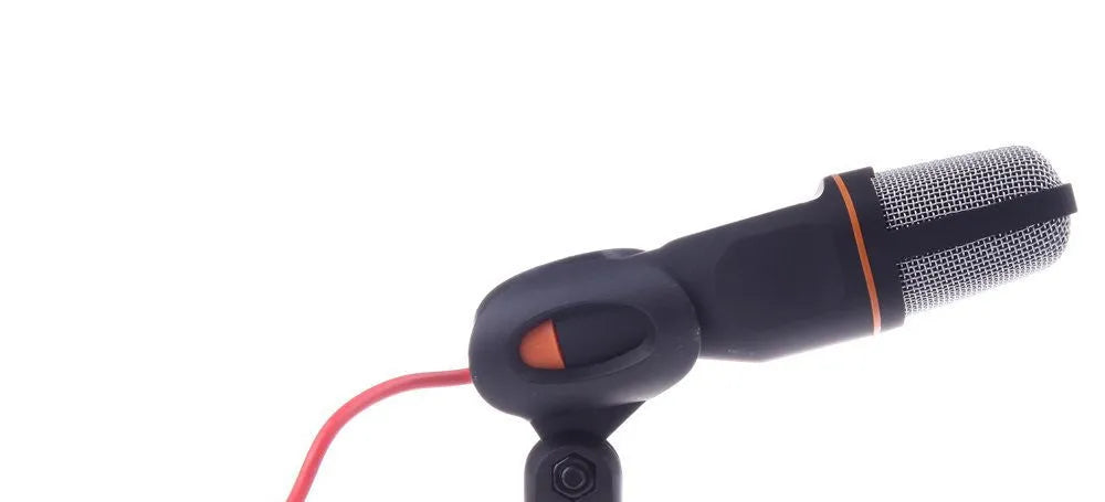 Black wired computer microphone with a clip holder and long cable for chatting or karaoke.