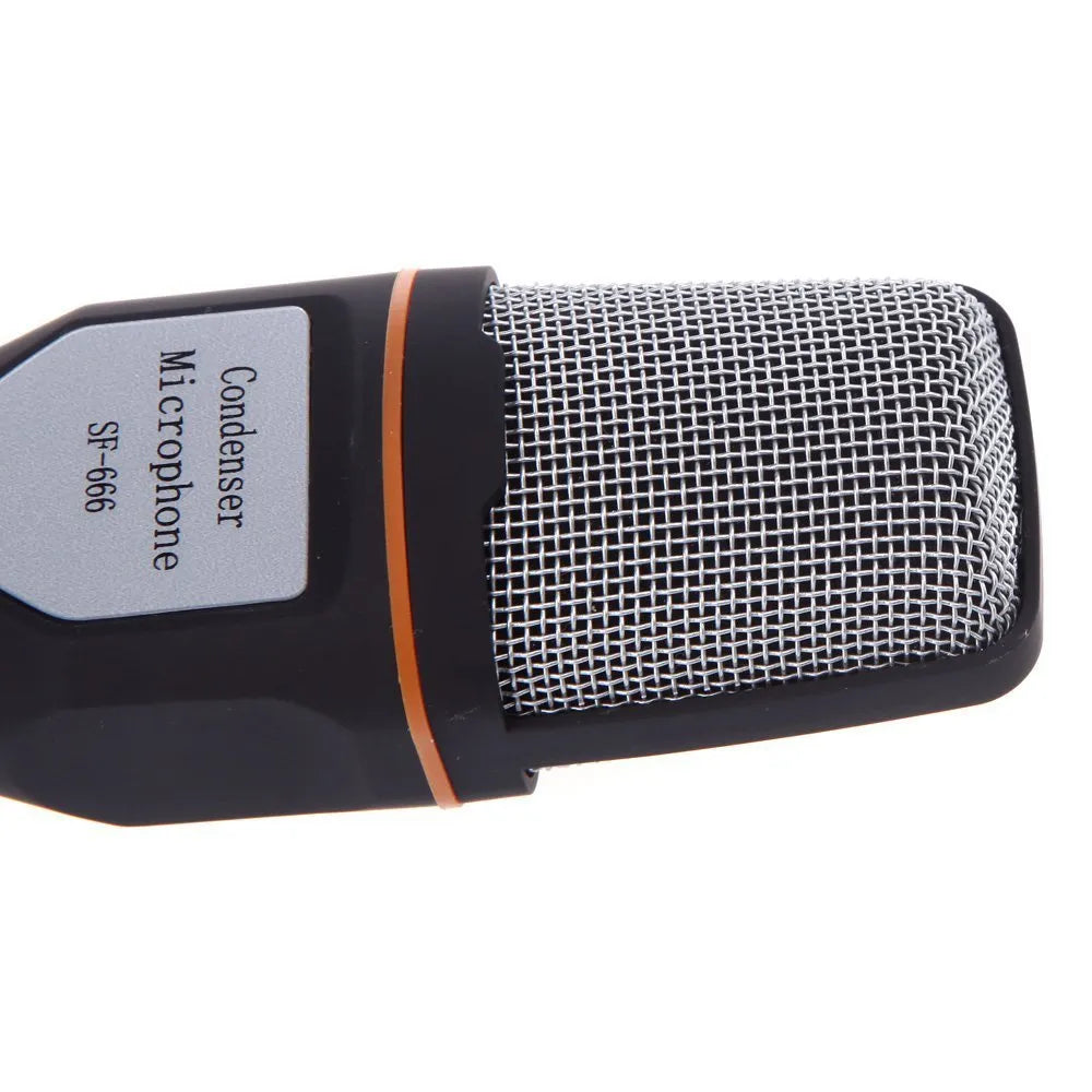 Black wired computer microphone with a clip holder and long cable for chatting or karaoke.