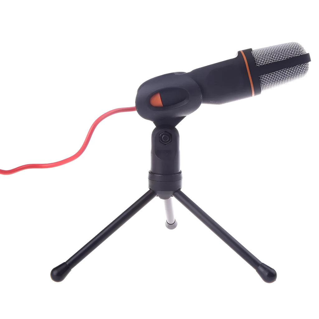 Black wired computer microphone with a clip holder and long cable for chatting or karaoke.