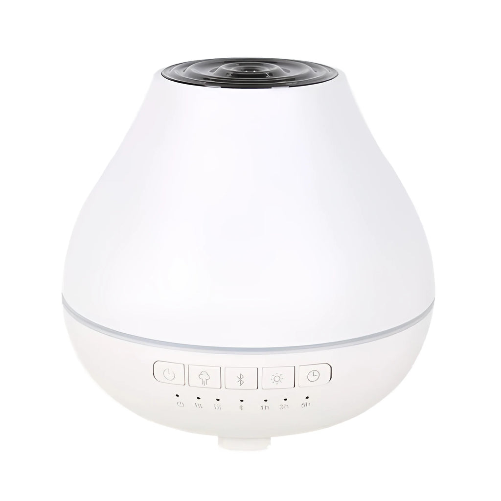 Round white Bluetooth humidifier and aroma diffuser with water tank and control buttons