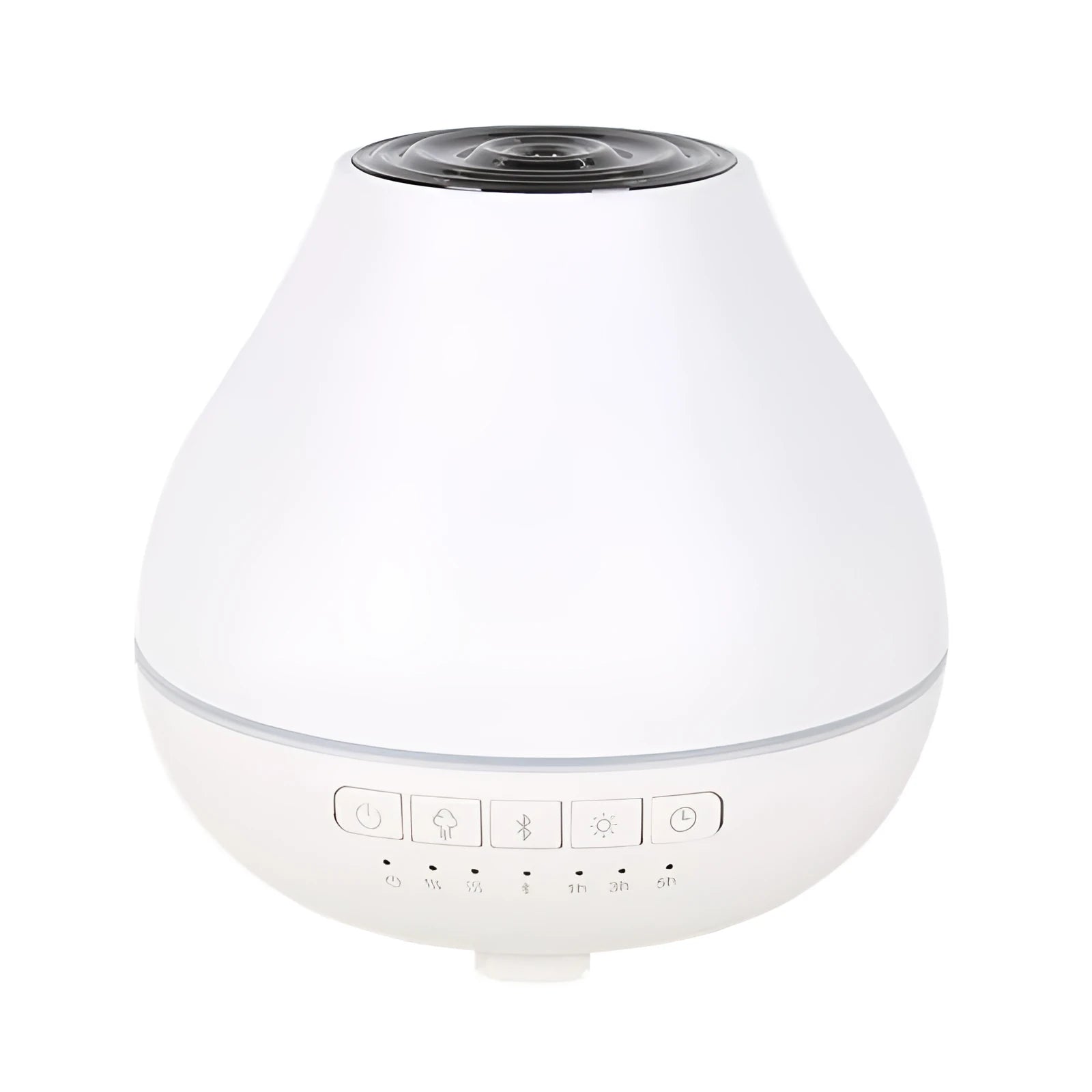 Round white Bluetooth humidifier and aroma diffuser with water tank and control buttons