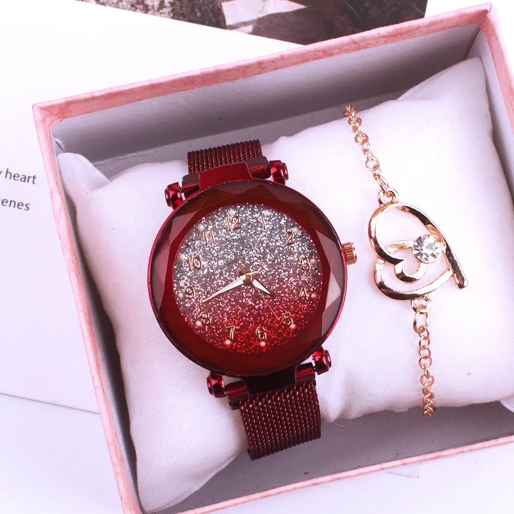 Silver Noodle ladies quartz watch with round dial, alloy strap, magnet buckle, and matching chain in gift box