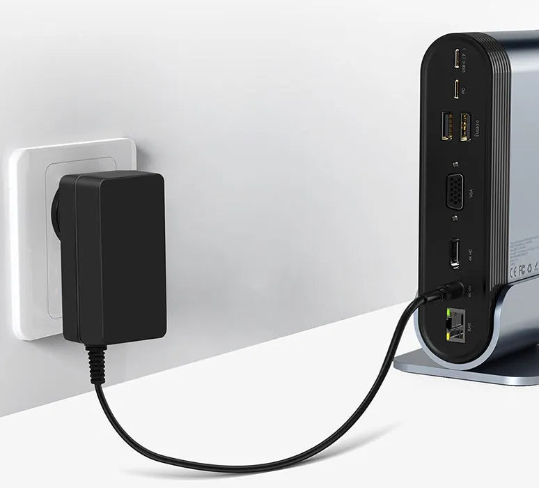 Deep space grey 16-in-1 Type-C docking station hub with multiple ports on a desk.