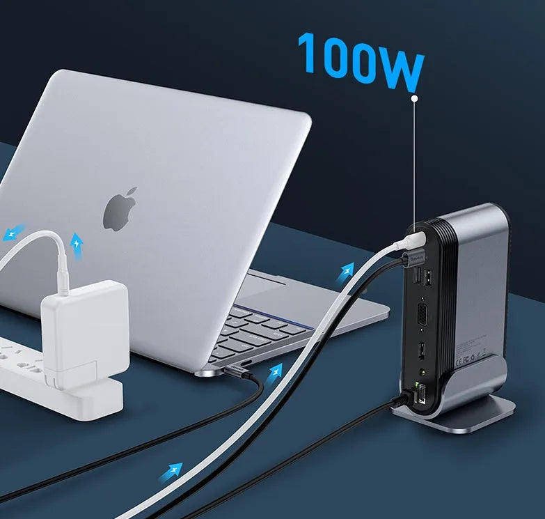Deep space grey 16-in-1 Type-C docking station hub with multiple ports on a desk.
