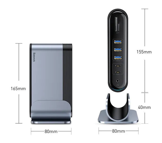 Deep space grey 16-in-1 Type-C docking station hub with multiple ports on a desk.