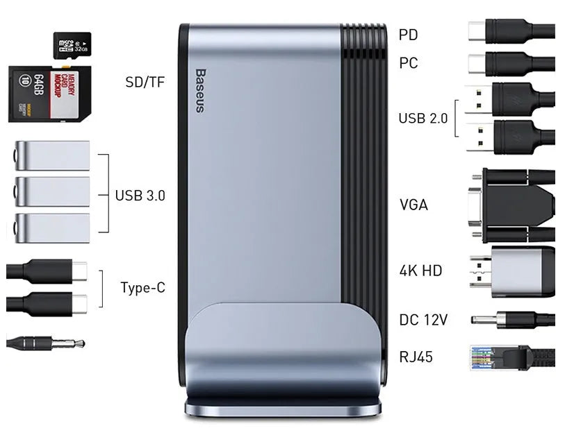 Deep space grey 16-in-1 Type-C docking station hub with multiple ports on a desk.
