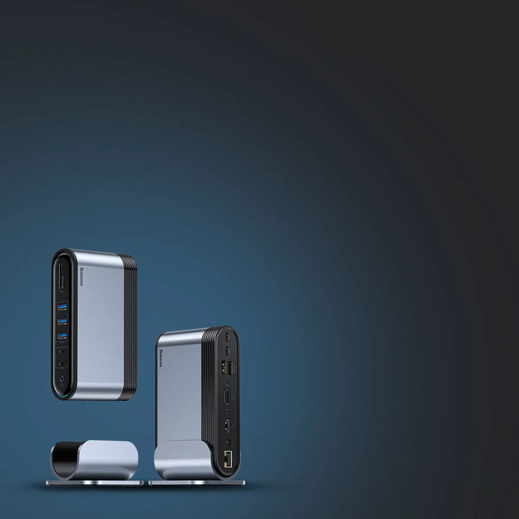 Deep space grey 16-in-1 Type-C docking station hub with multiple ports on a desk.