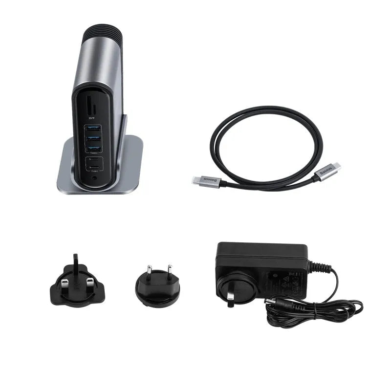 Deep space grey 16-in-1 Type-C docking station hub with multiple ports on a desk.