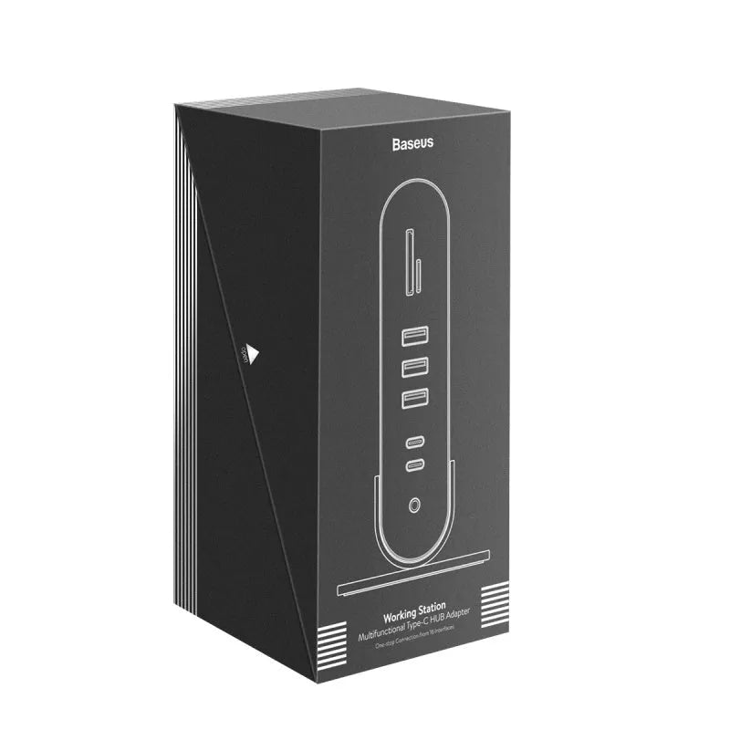 Deep space grey 16-in-1 Type-C docking station hub with multiple ports on a desk.
